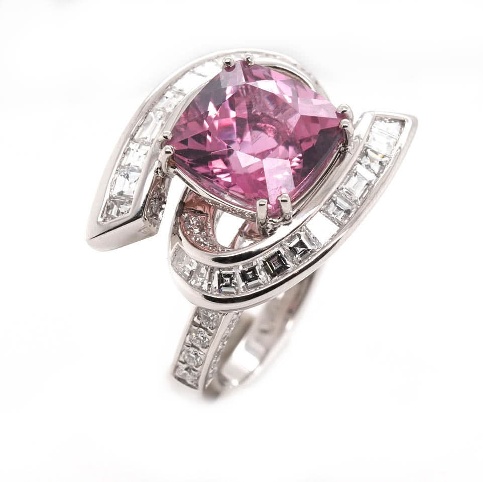 Ogden of Harrogate Jewellery Platinum Single Stone Pink Tourmaline And Diamond Surround Cluster Ring