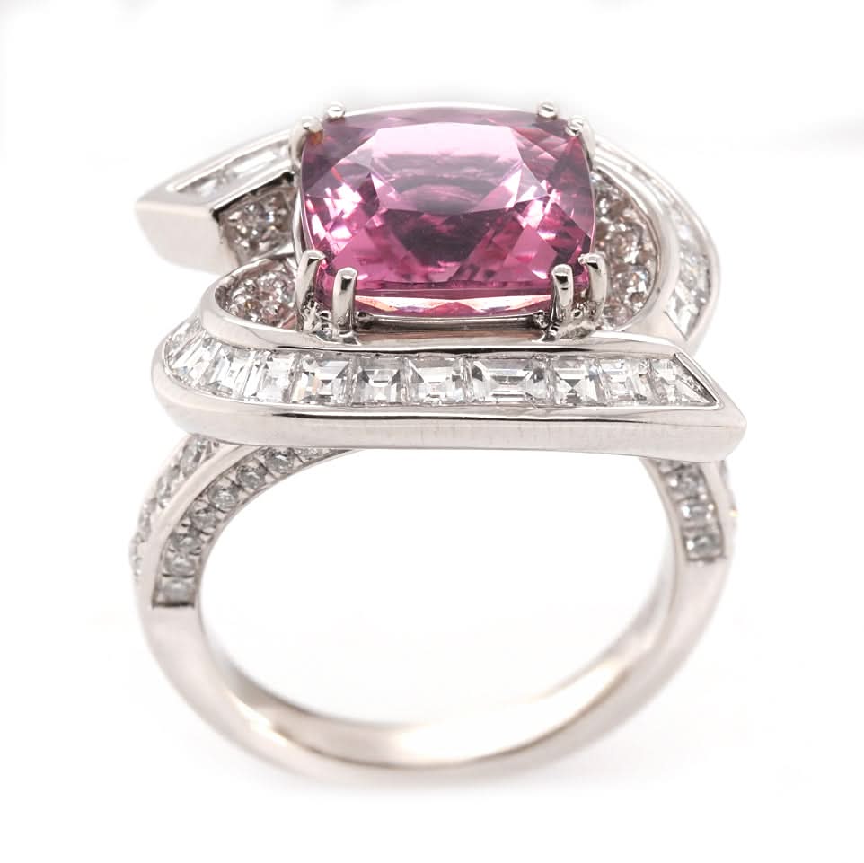 Ogden of Harrogate Jewellery Platinum Single Stone Pink Tourmaline And Diamond Surround Cluster Ring