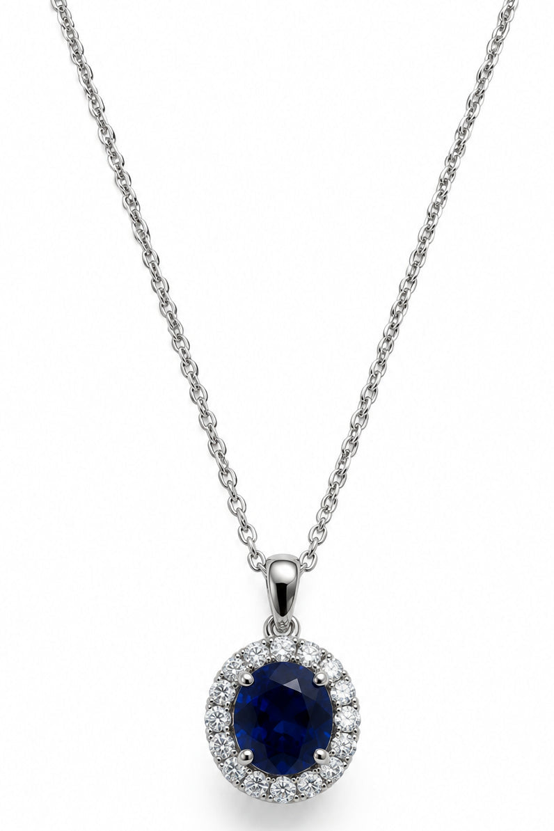 Ogden Of Harrogate Jewellery Round Sapphire and Diamond Pendant and Chain, 18ct White Gold