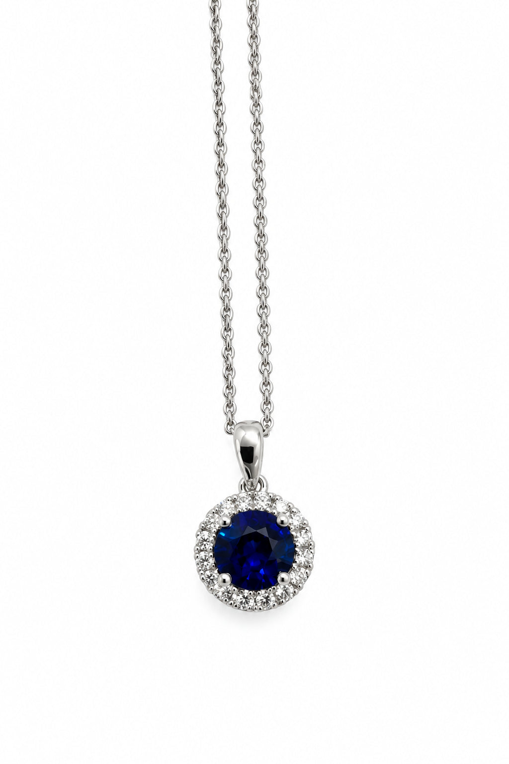 Ogden Of Harrogate Jewellery Round Sapphire and Diamond Pendant and Chain, 18ct White Gold