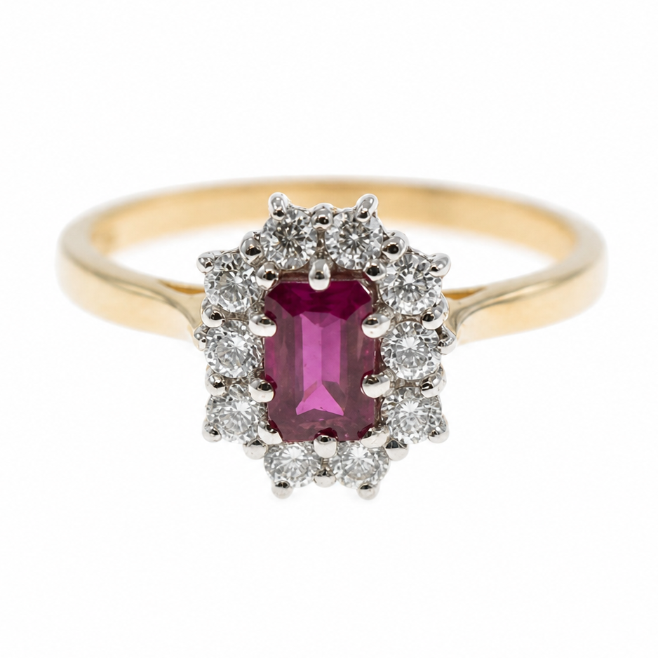 Ogden of Harrogate Jewellery Ruby and Diamond Cluster Ring in 18ct Yellow Gold