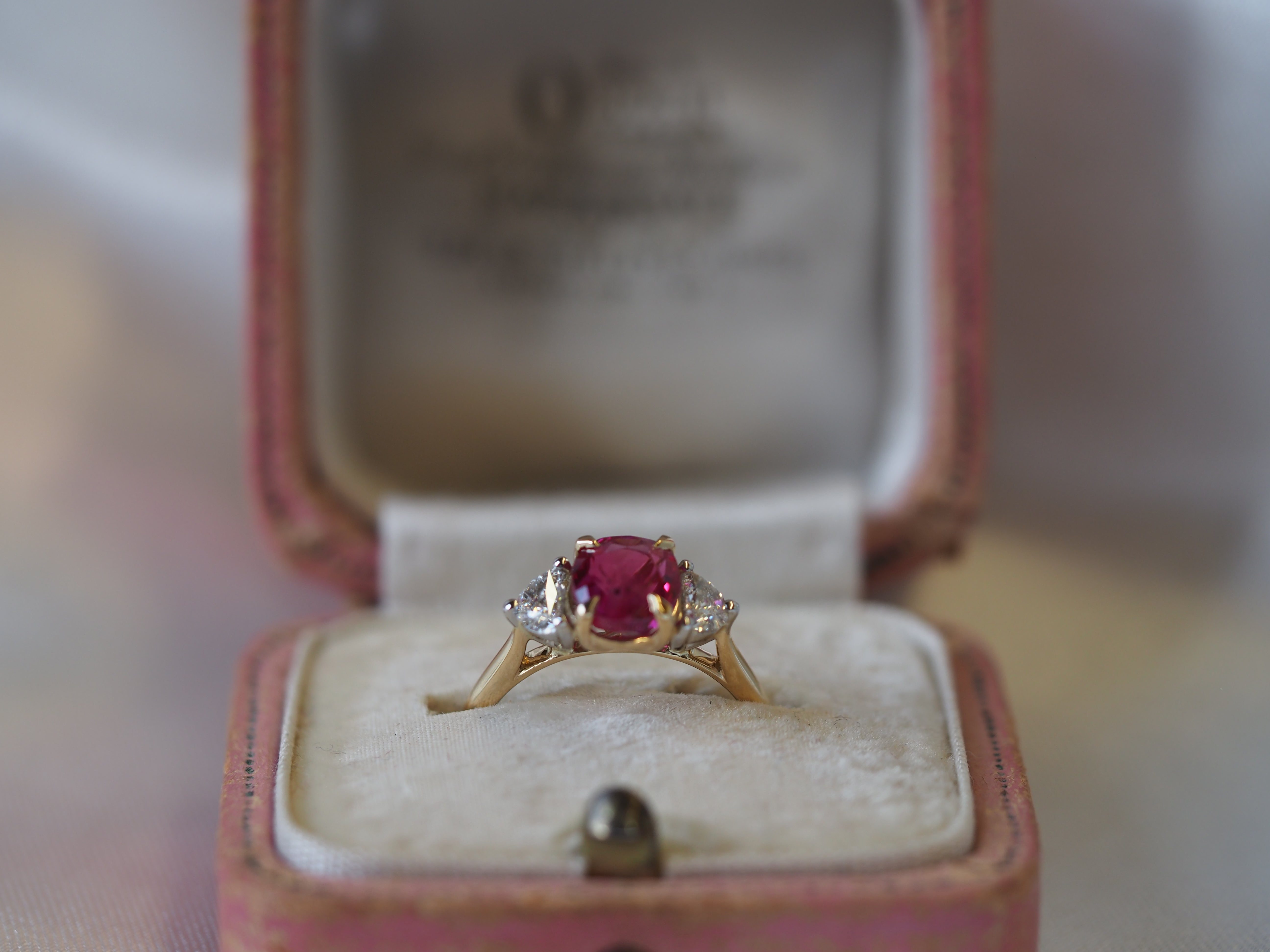 Ogden of Harrogate Jewellery Ruby and Diamond Three-Stone Ring in 18ct Yellow Gold