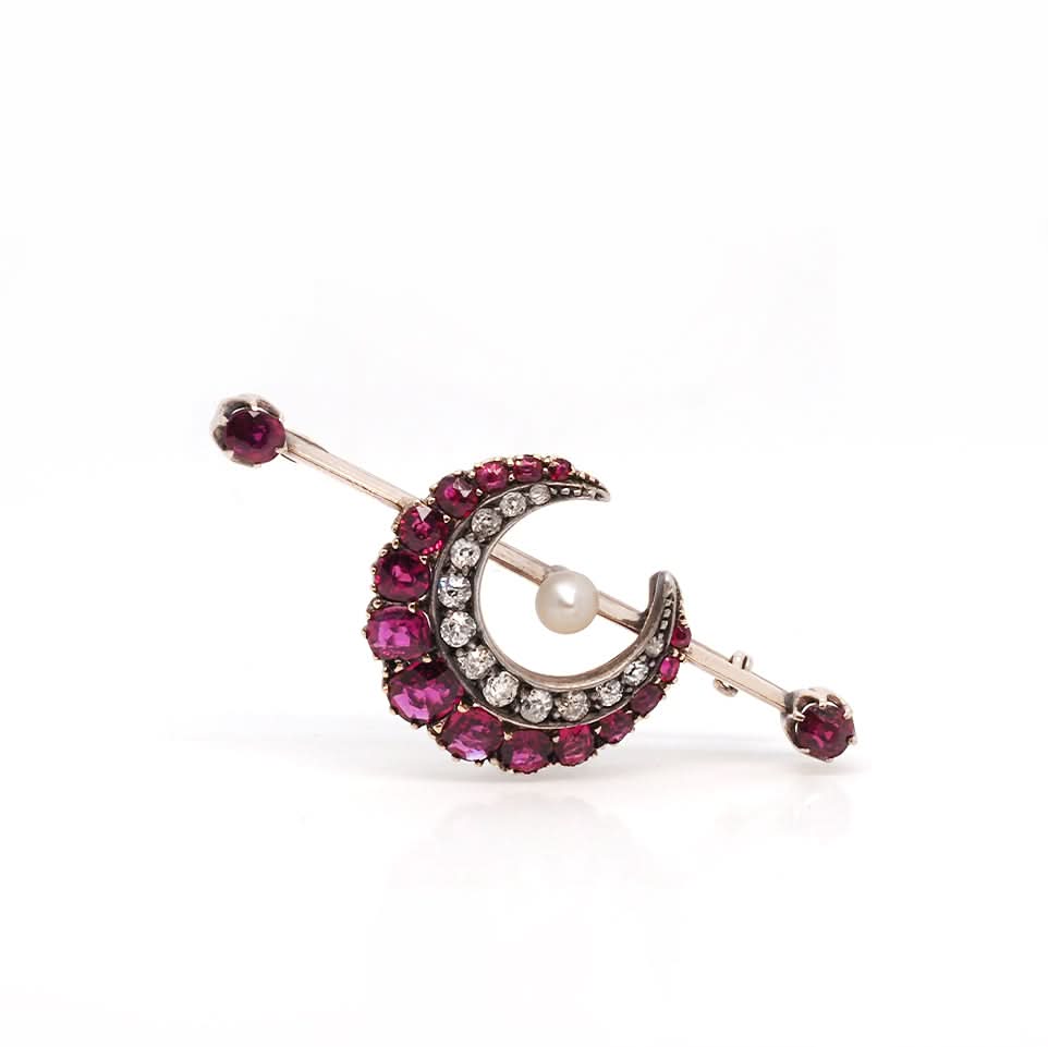 Ogden of Harrogate Jewellery Ruby & Diamond Crescent Brooch with Central Pearl