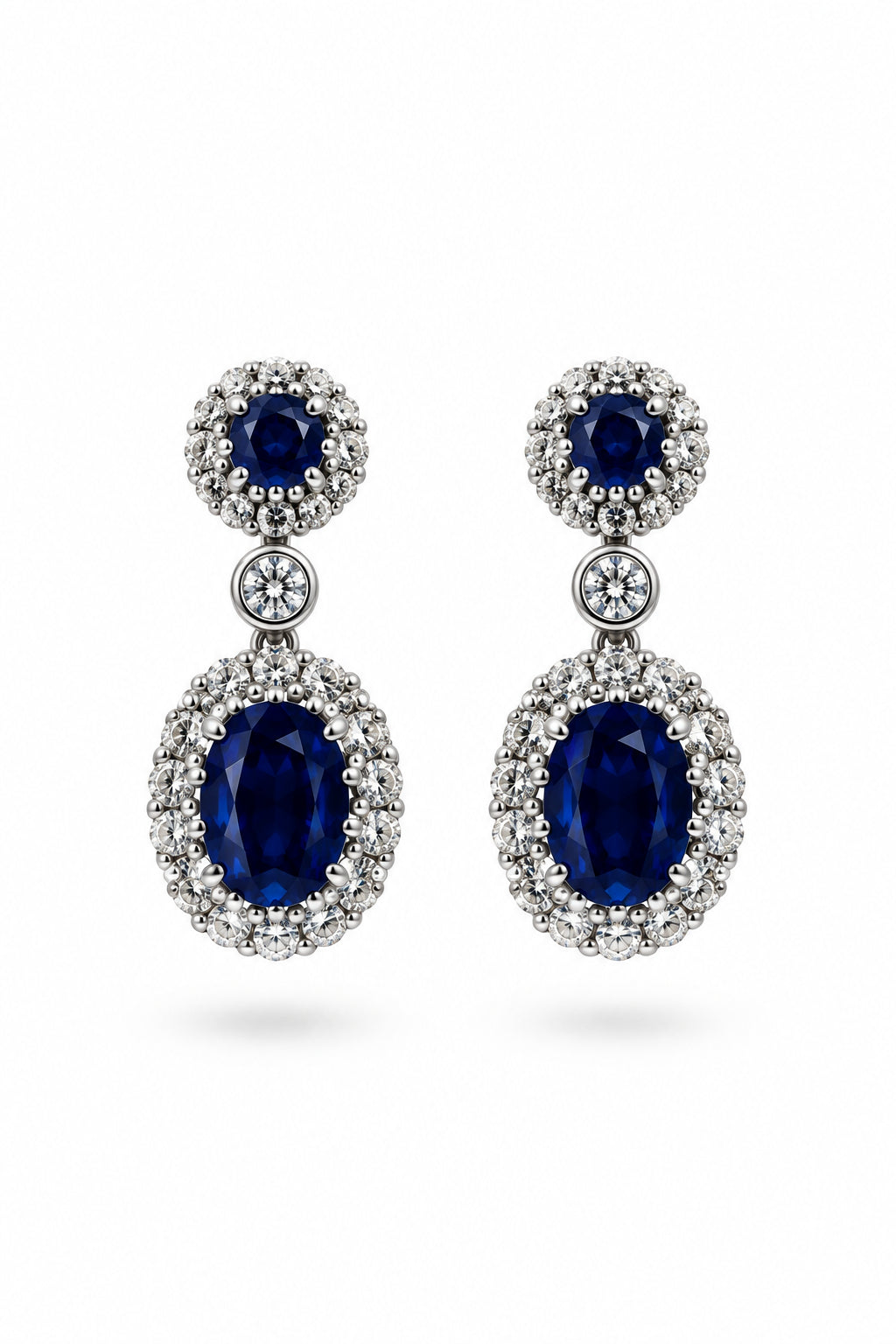 Ogden Of Harrogate Jewellery Sapphire and Diamond Double Cluster Drop Earrings, 18ct White Gold