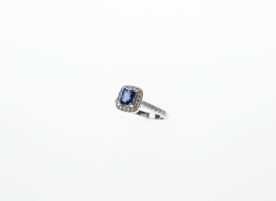 Ogden of Harrogate Jewellery Sapphire and Diamond Halo Ring in 18ct White Gold
