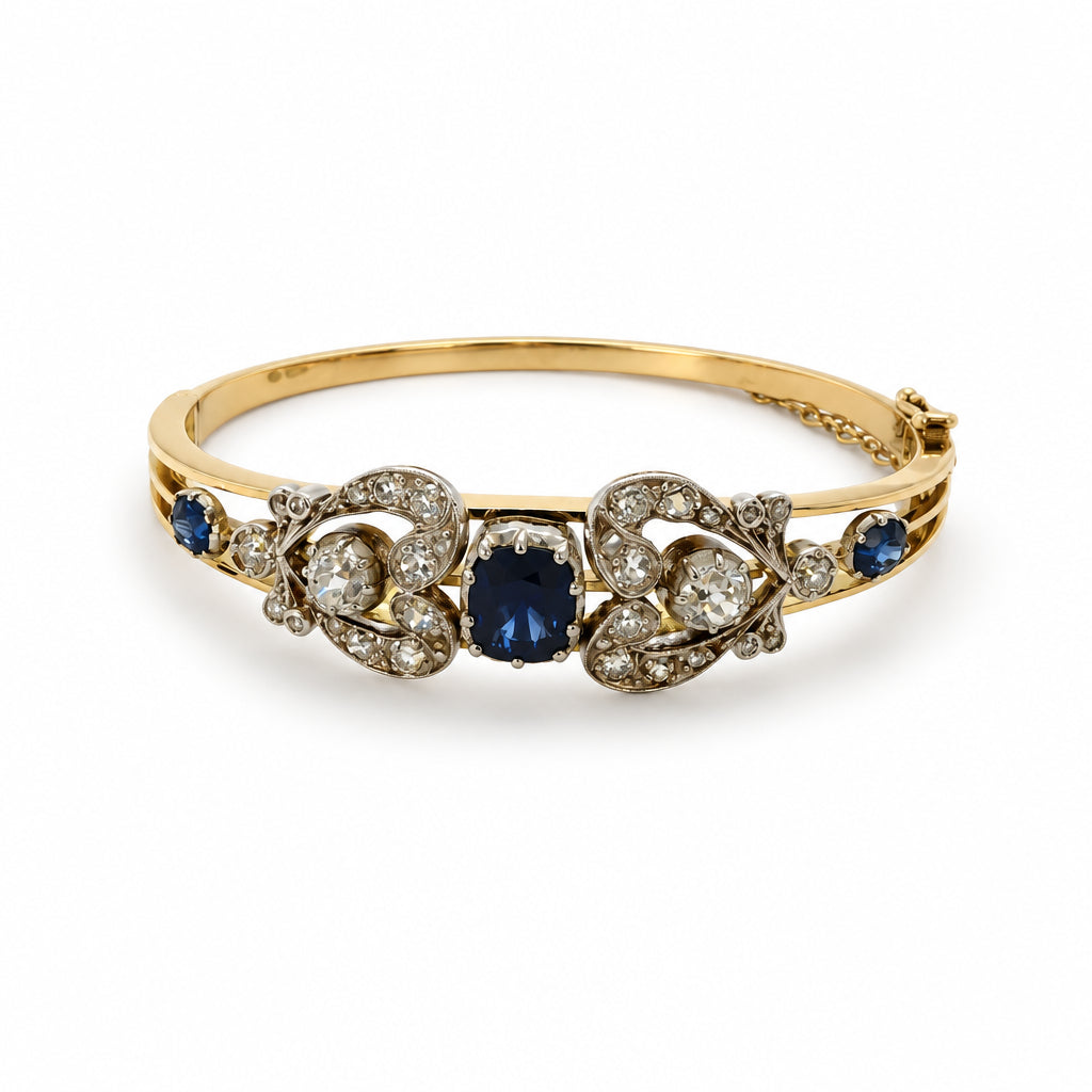 Ogden Of Harrogate Jewellery Sapphire and Diamond Hinged Bangle, Yellow Gold and Silver