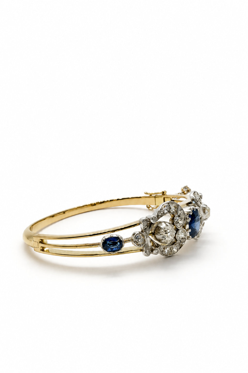 Ogden Of Harrogate Jewellery Sapphire and Diamond Hinged Bangle, Yellow Gold and Silver
