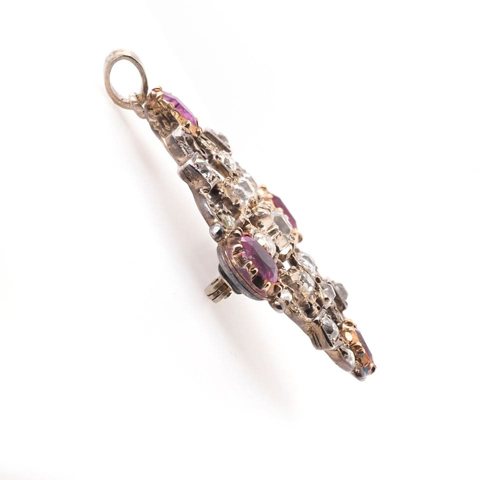 Ogden of Harrogate Jewellery Silver and 9ct Yellow Gold Georgian Red Stone and Diamond Set Brooch/Pendant