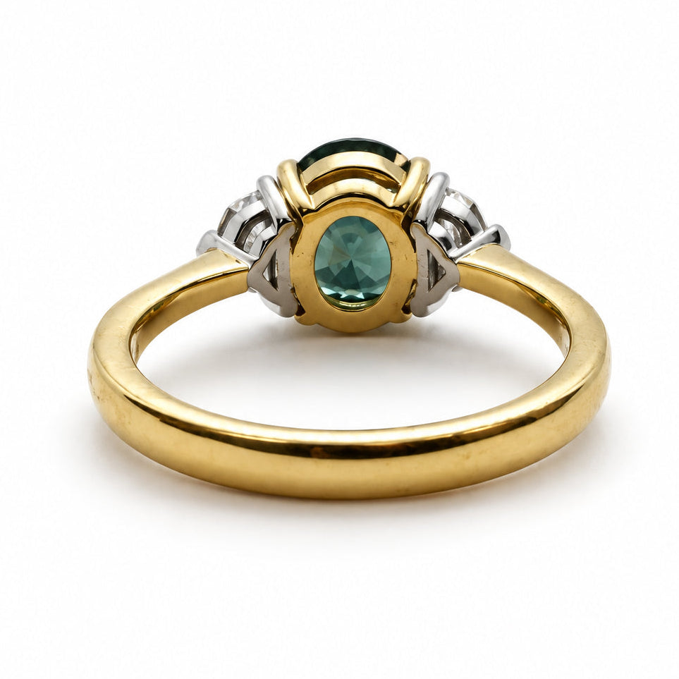 Ogden Of Harrogate Jewellery Teal Sapphire and Diamond Three-stone Ring, 18CT Yellow/White Gold
