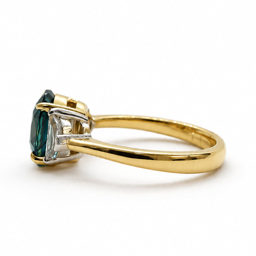 Ogden Of Harrogate Jewellery Teal Sapphire and Diamond Three-stone Ring, 18CT Yellow/White Gold