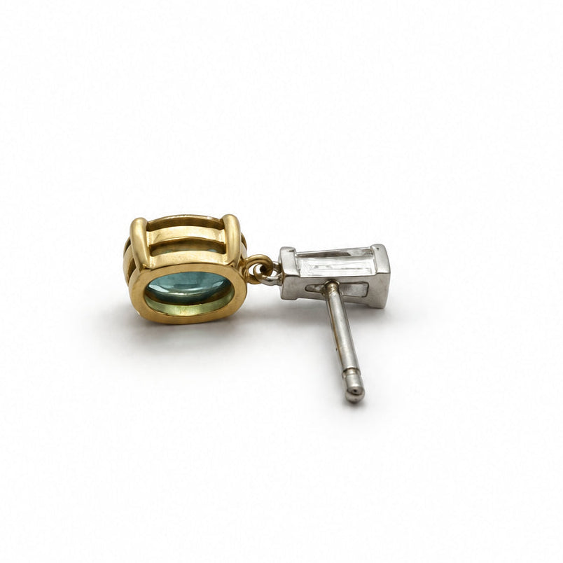 Ogden Of Harrogate Jewellery Teal Sapphire and Tapered Baguette Drop Earrings in 18CT Yellow and White Gold