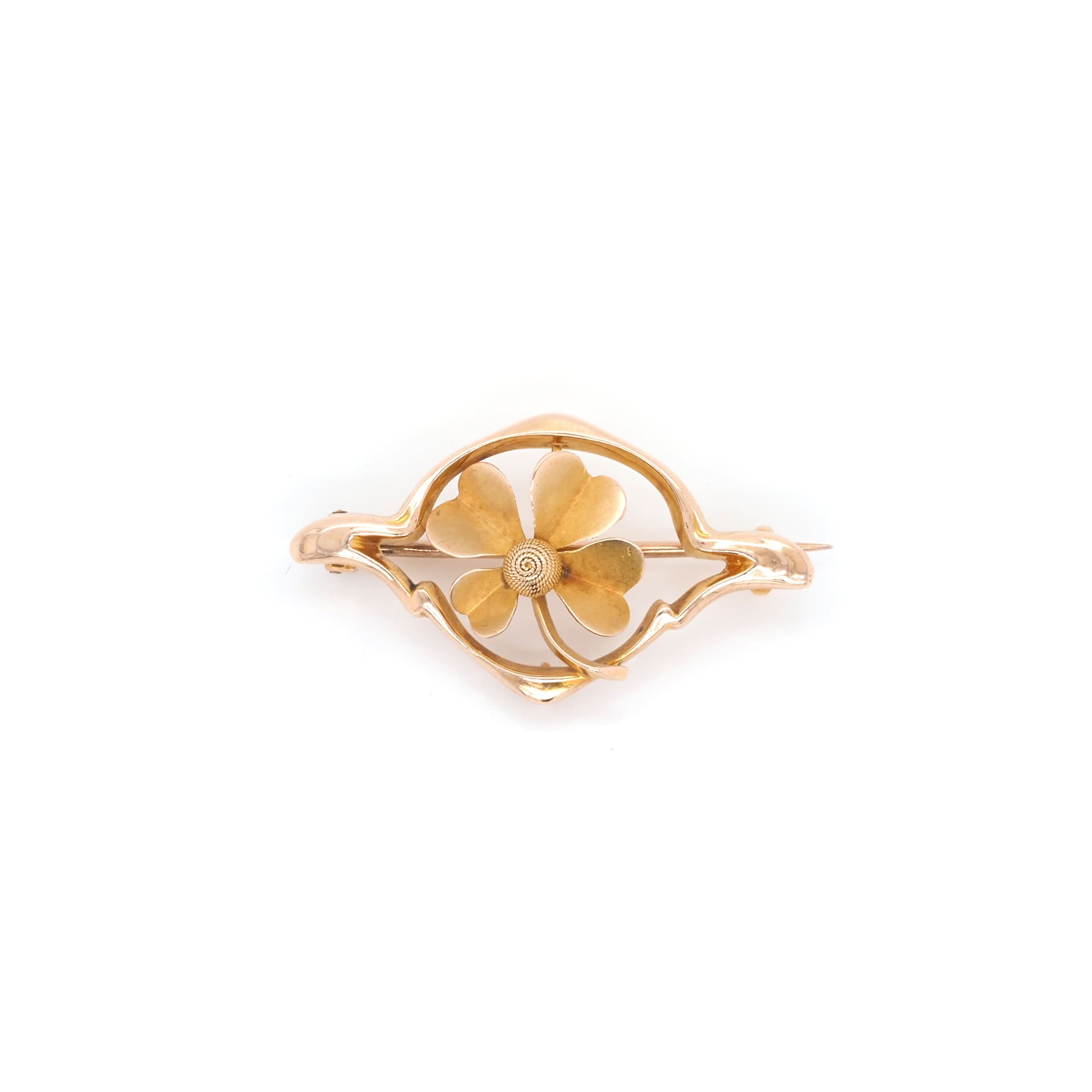 Ogden of Harrogate Jewellery Victorian 15ct Yellow Gold Brushed Four-Leaf Clover Openwork Brooch