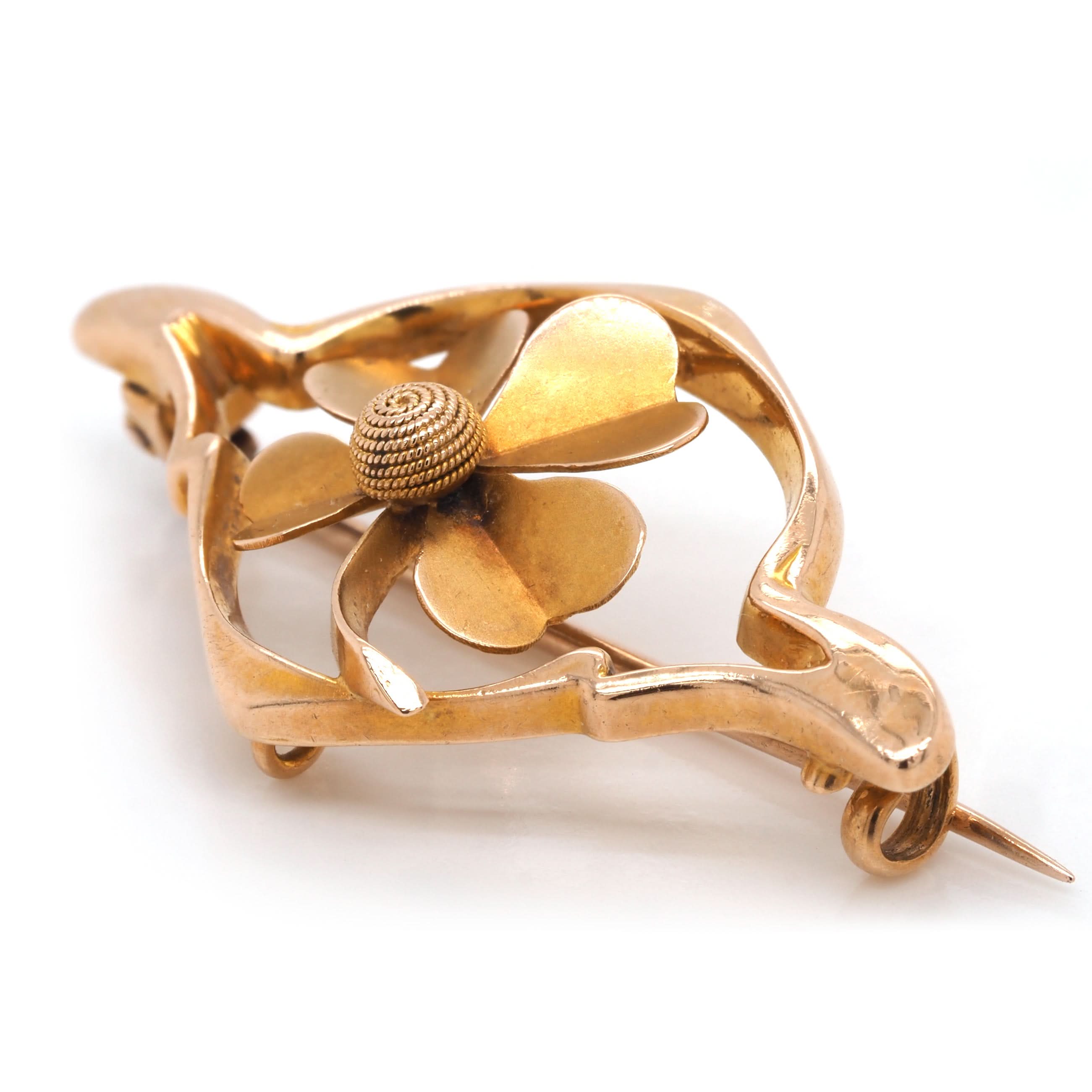 Ogden of Harrogate Jewellery Victorian 15ct Yellow Gold Brushed Four-Leaf Clover Openwork Brooch