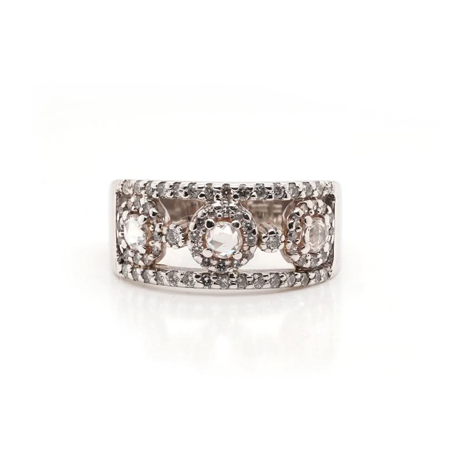 Ogden of Harrogate Jewellery Vintage 9ct White Gold Open Ornate Dress Ring Set with 3 Rose Cut Diamonds and Brilliant Cut Diamond Surround