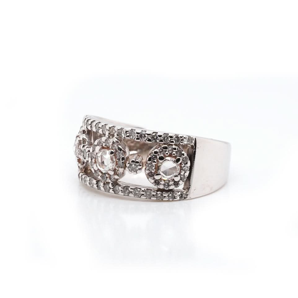Ogden of Harrogate Jewellery Vintage 9ct White Gold Open Ornate Dress Ring Set with 3 Rose Cut Diamonds and Brilliant Cut Diamond Surround