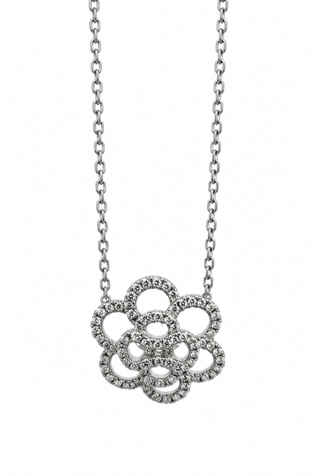 Ogden Of Harrogate Jewellery White Gold Open Flower Shaped Diamond Pendant (18ct) on Fixed 18ct Gold Chain