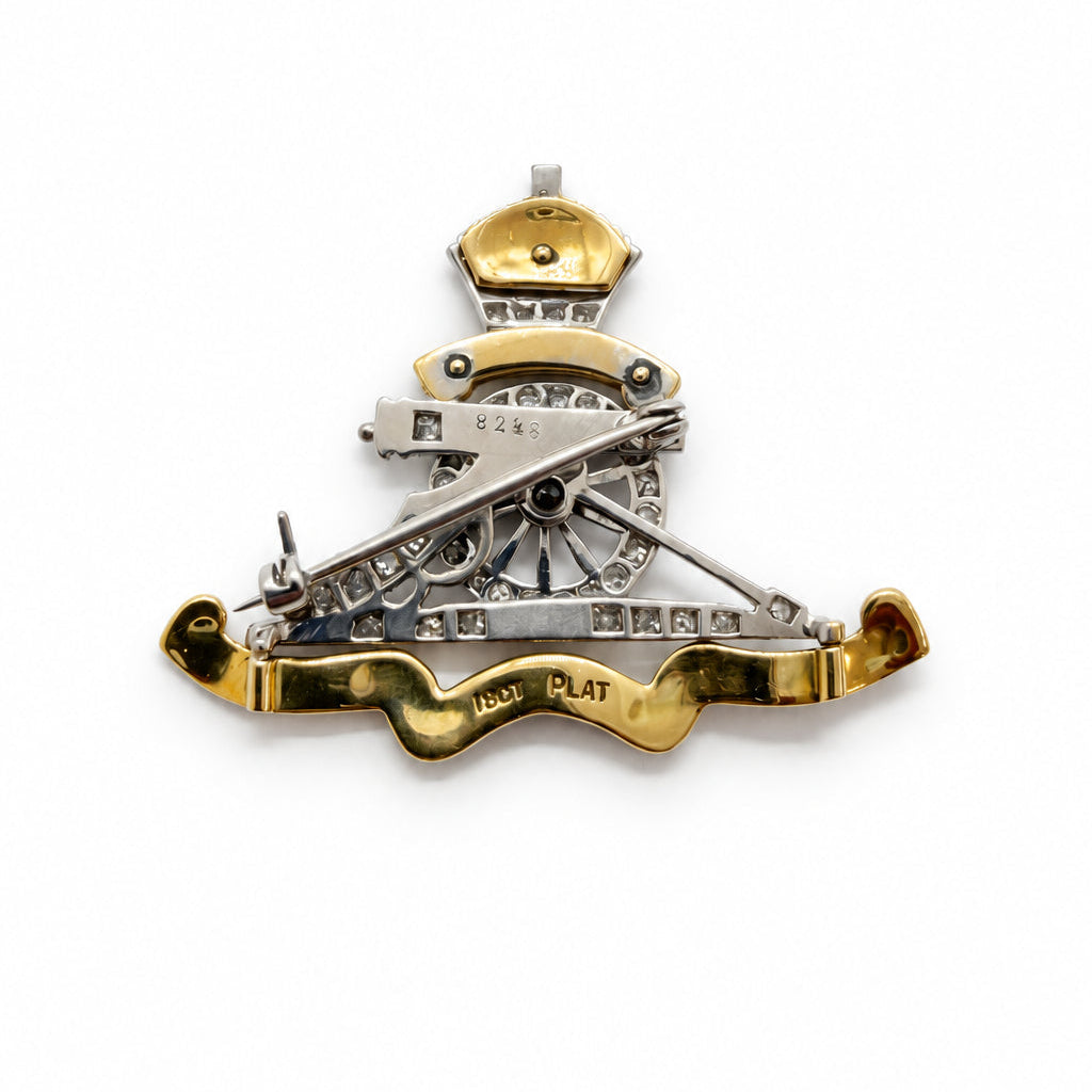 Ogden Of Harrogate Vintage Jewellery 18ct Yellow Gold and Platinum Regimental Royal Artillery Brooch with Diamond and Enamel