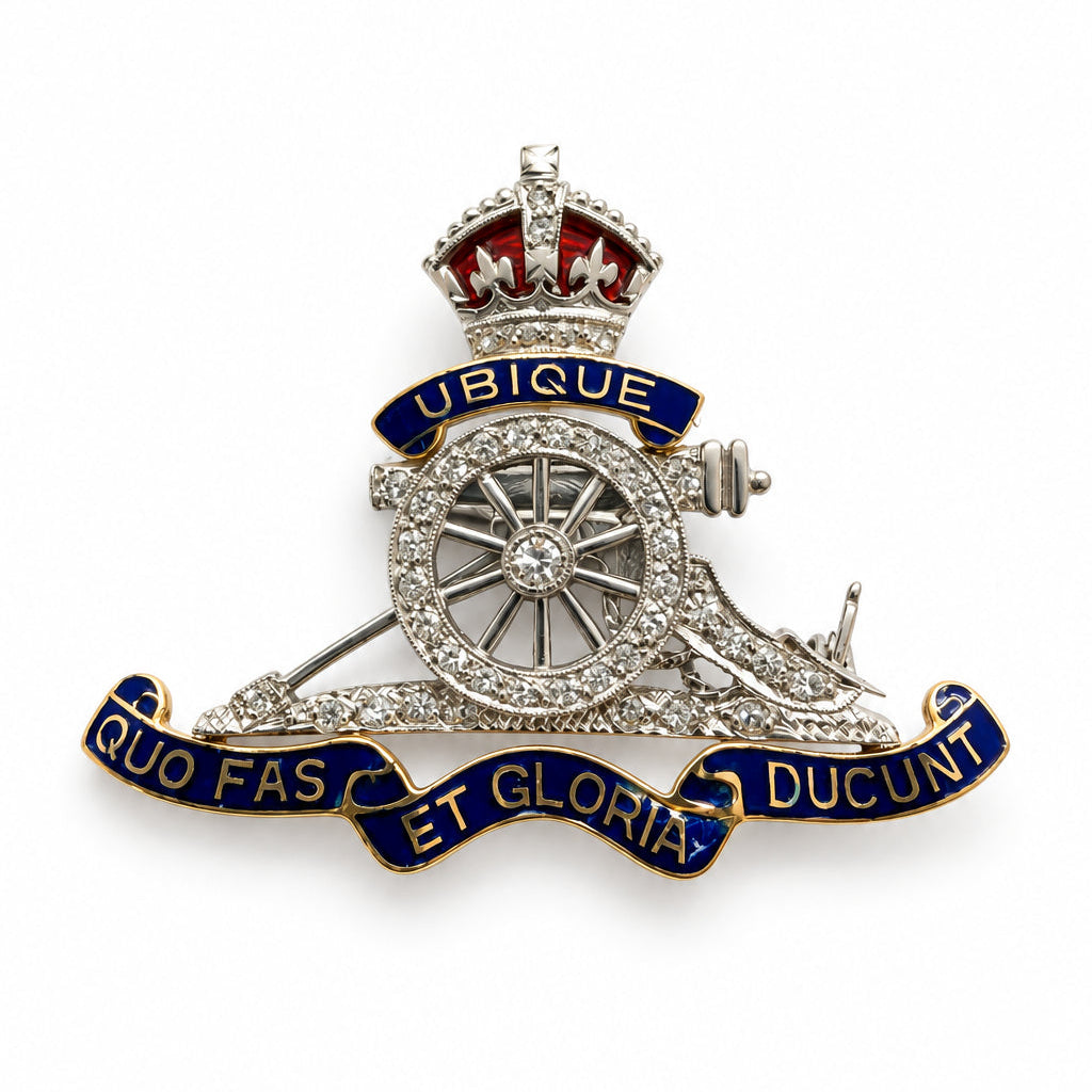 Ogden Of Harrogate Vintage Jewellery 18ct Yellow Gold and Platinum Regimental Royal Artillery Brooch with Diamond and Enamel