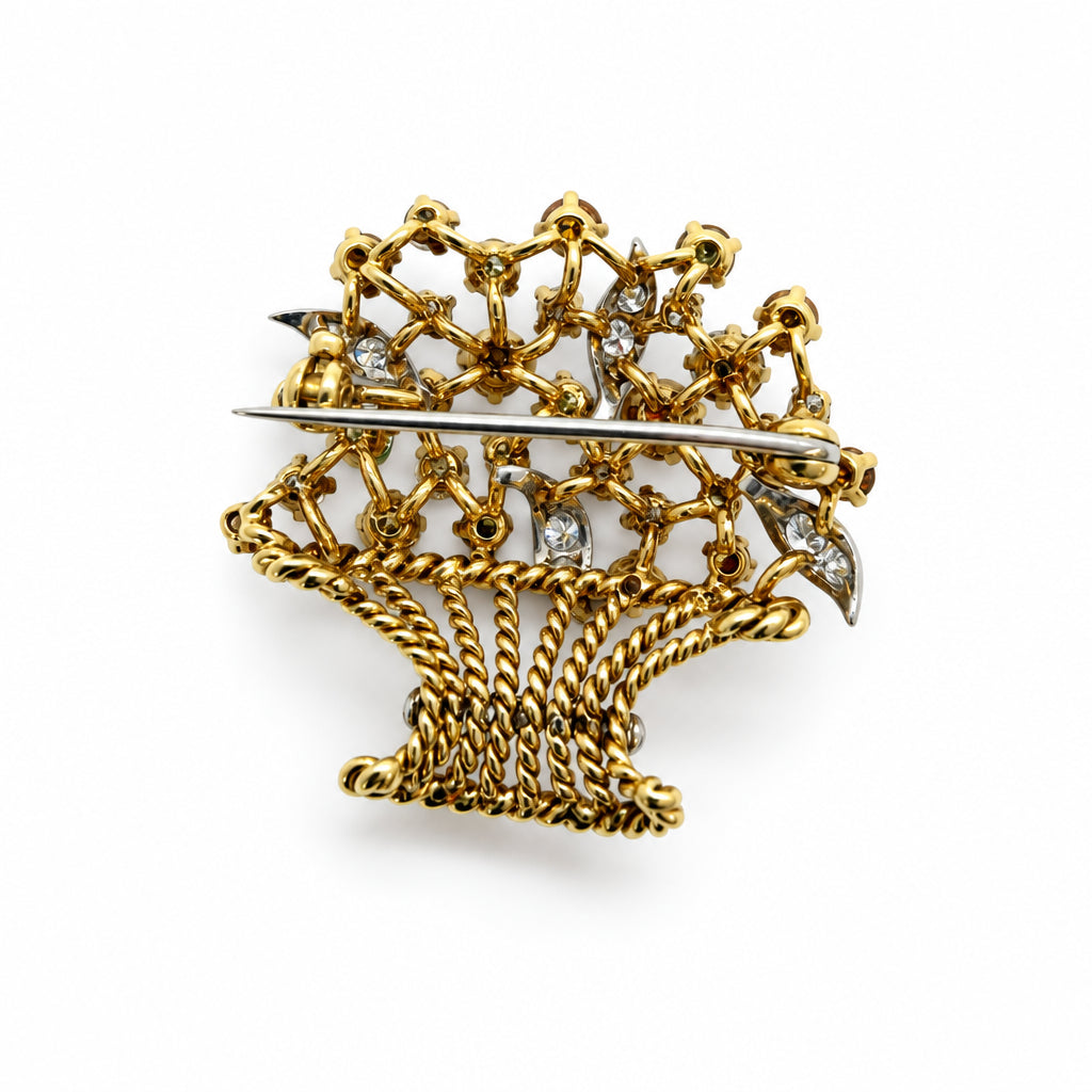 Ogden Of Harrogate Vintage Jewellery 18ct Yellow Gold Basket Brooch with Fancy Coloured Diamonds