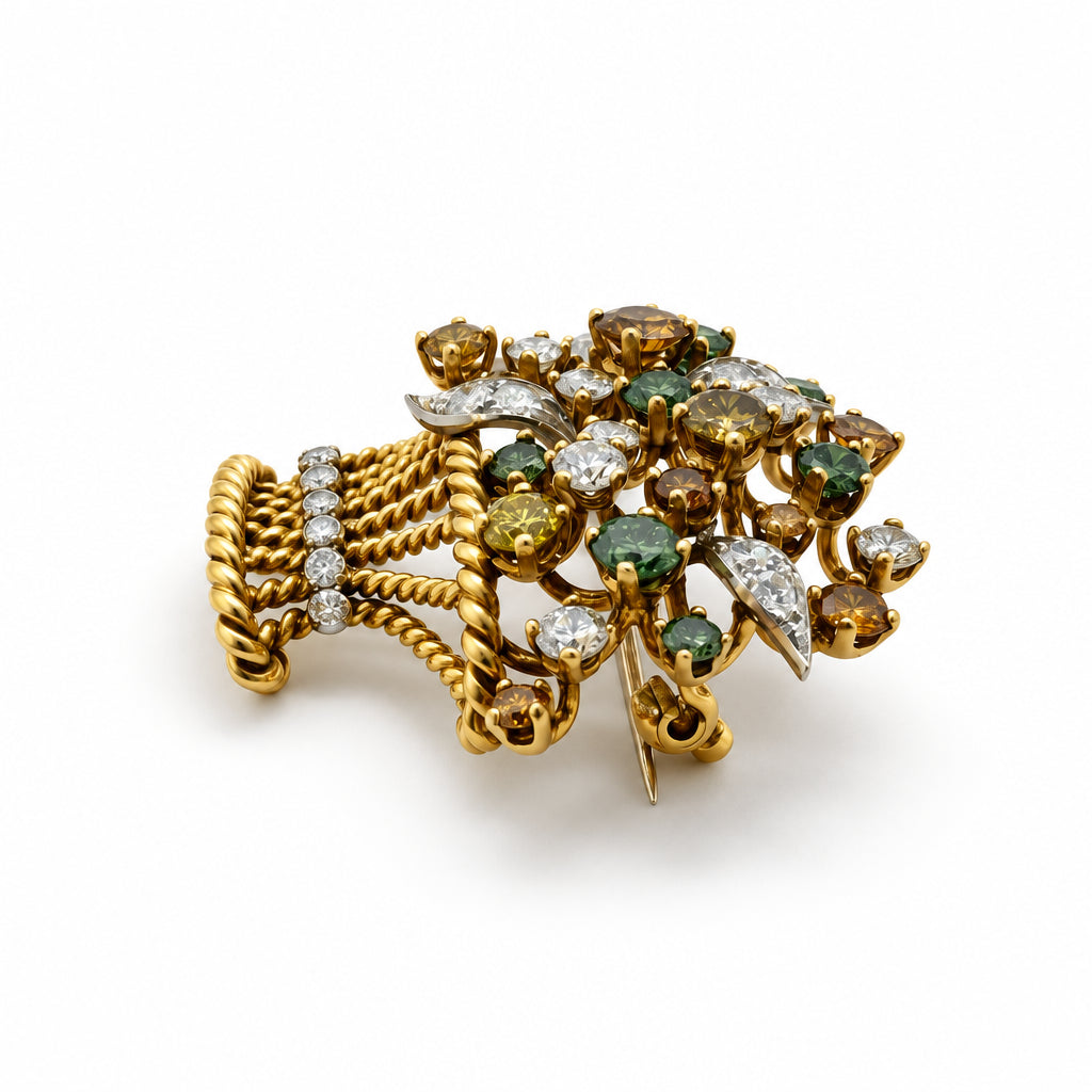Ogden Of Harrogate Vintage Jewellery 18ct Yellow Gold Basket Brooch with Fancy Coloured Diamonds