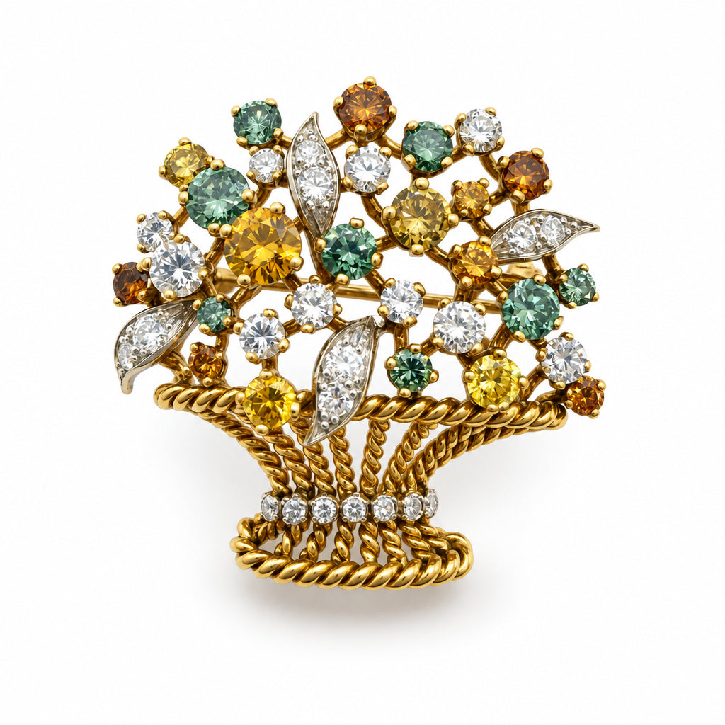 Ogden Of Harrogate Vintage Jewellery 18ct Yellow Gold Basket Brooch with Fancy Coloured Diamonds