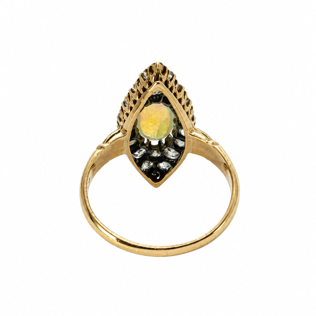 Ogden Of Harrogate Vintage Jewellery 18ct Yellow Gold Victorian Navette Cut Opal and Diamond set Ring