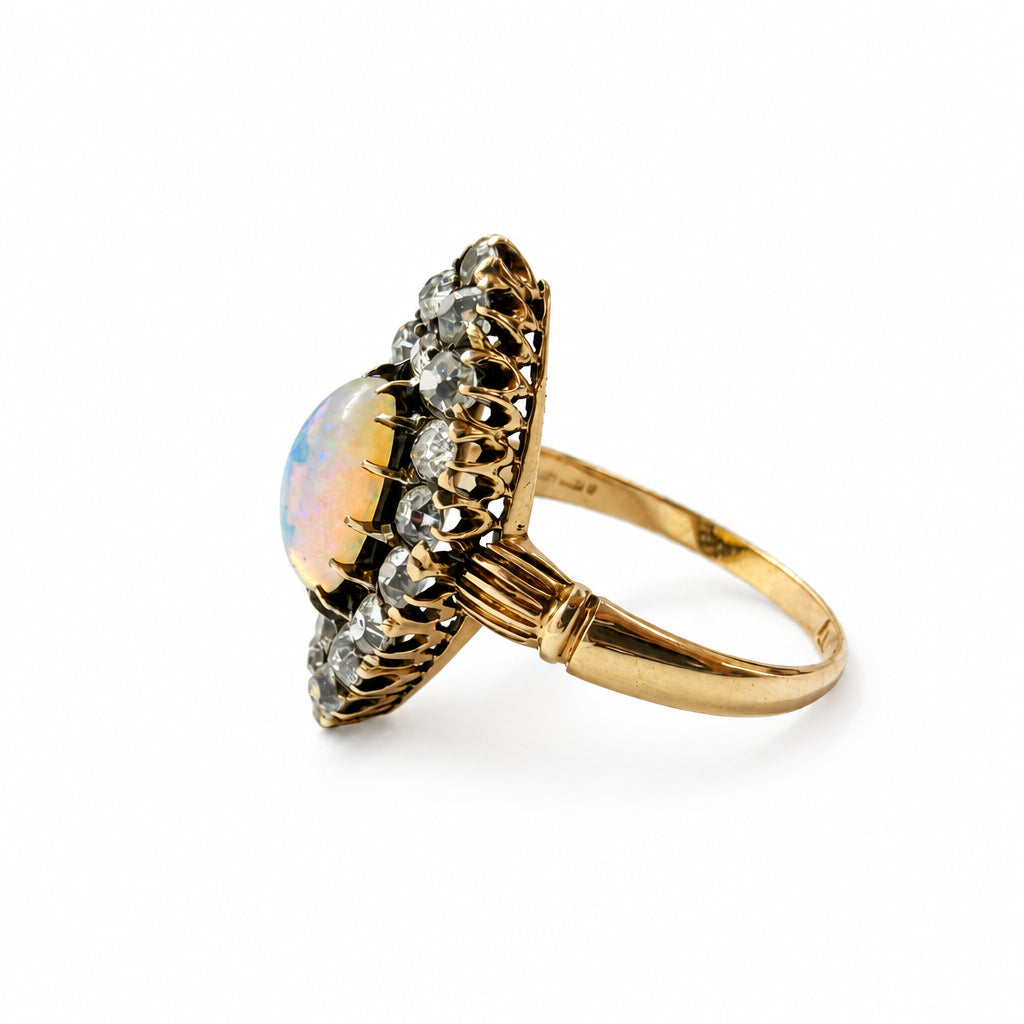 Ogden Of Harrogate Vintage Jewellery 18ct Yellow Gold Victorian Navette Cut Opal and Diamond set Ring