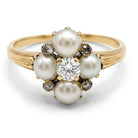 Ogden Of Harrogate Vintage Jewellery A Diamond and Half Pearl Cluster Dress Ring in Yellow Gold