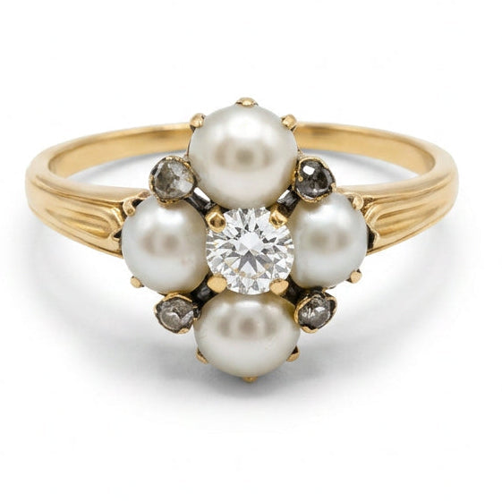 Ogden Of Harrogate Vintage Jewellery A Diamond and Half Pearl Cluster Dress Ring in Yellow Gold