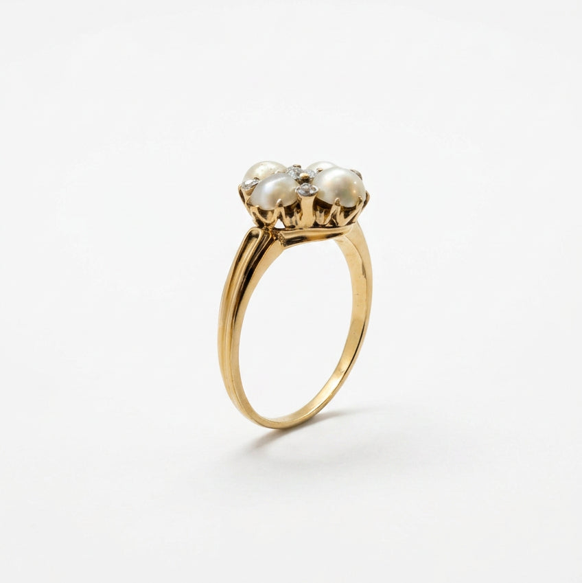 Ogden Of Harrogate Vintage Jewellery A Diamond and Half Pearl Cluster Dress Ring in Yellow Gold