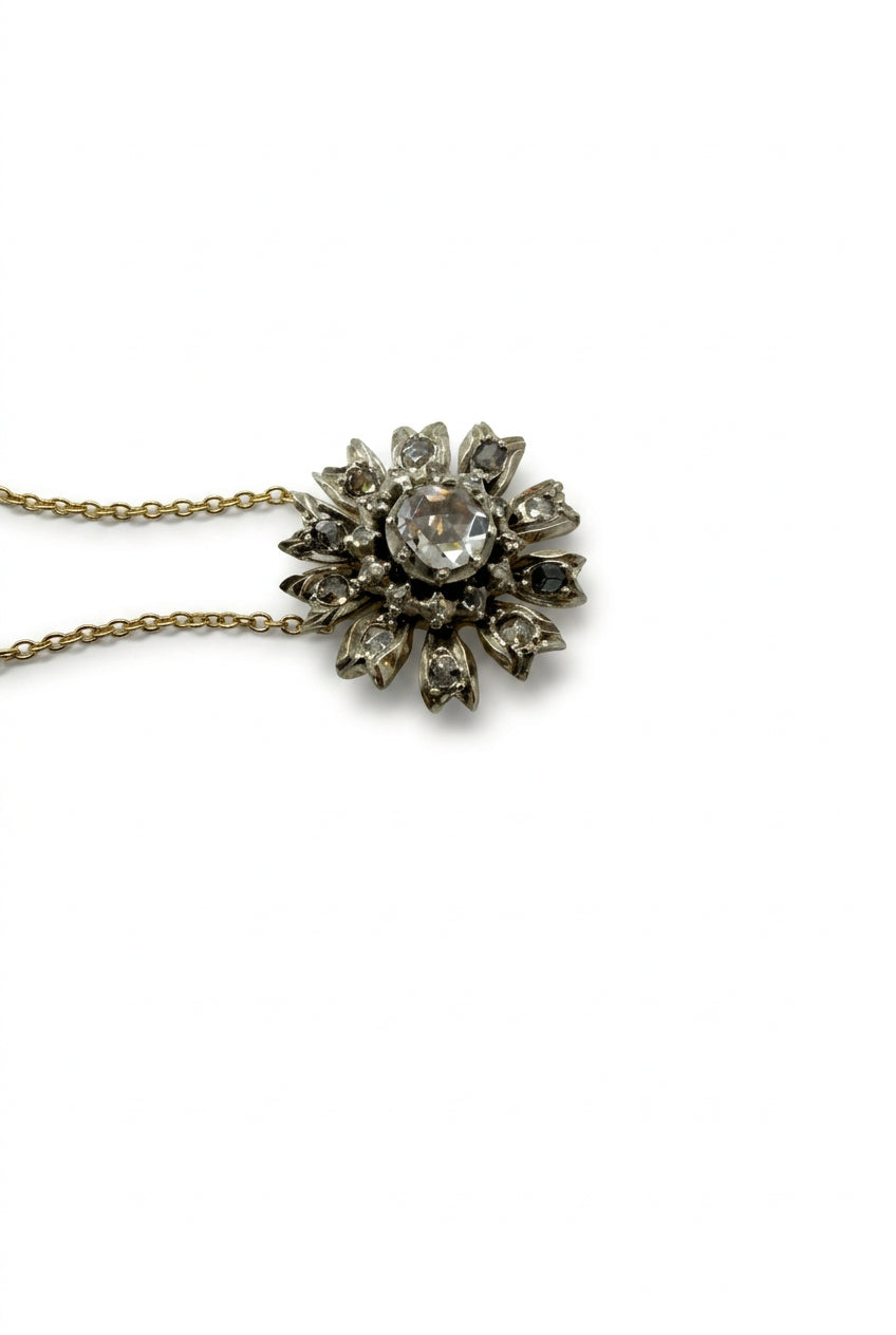 Ogden Of Harrogate Vintage Jewellery A Diamond Set Silver and Gold Flower Shaped Pendant on 18ct Gold Chain
