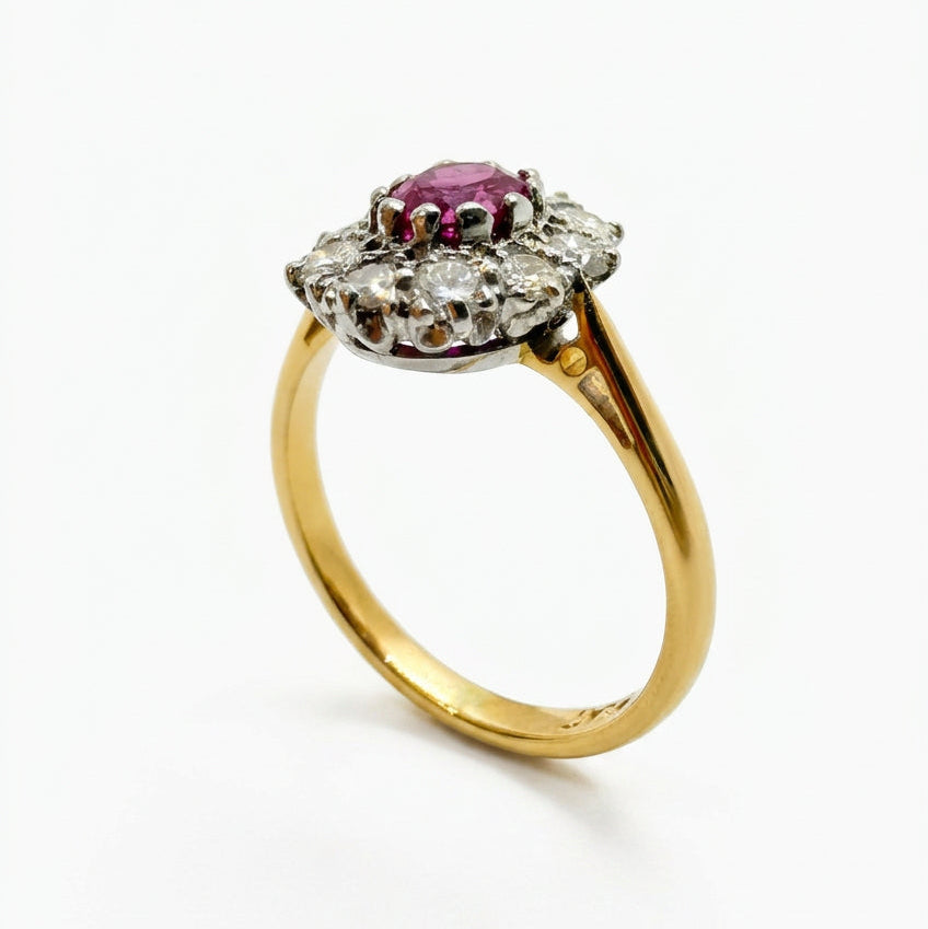 Ogden Of Harrogate Vintage Jewellery A Gold Ruby and Diamond Surround Small Cluster Ring in 18ct Yellow