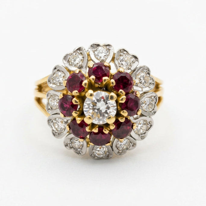 Ogden Of Harrogate Vintage Jewellery A Ruby and Diamond Floral Cluster Cocktail Ring in 18ct Yellow Gold
