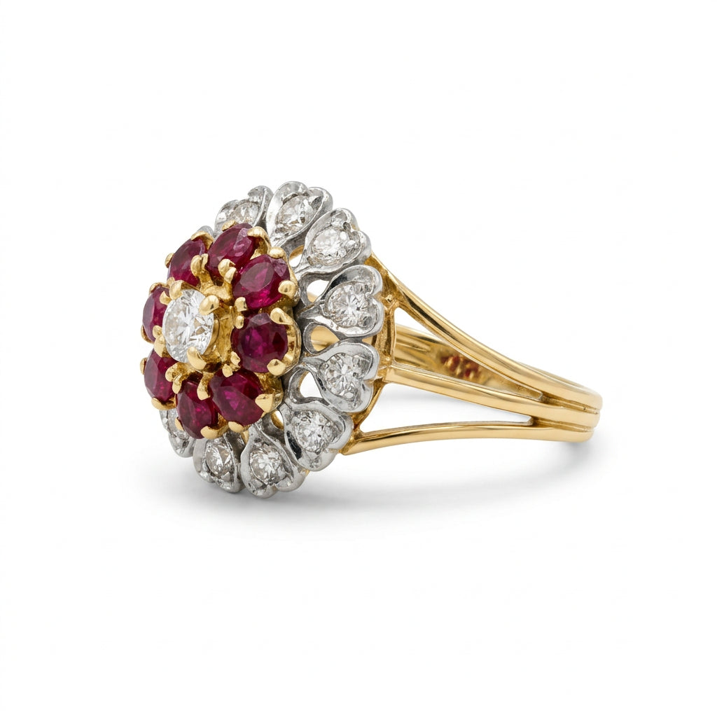 Ogden Of Harrogate Vintage Jewellery A Ruby and Diamond Floral Cluster Cocktail Ring in 18ct Yellow Gold