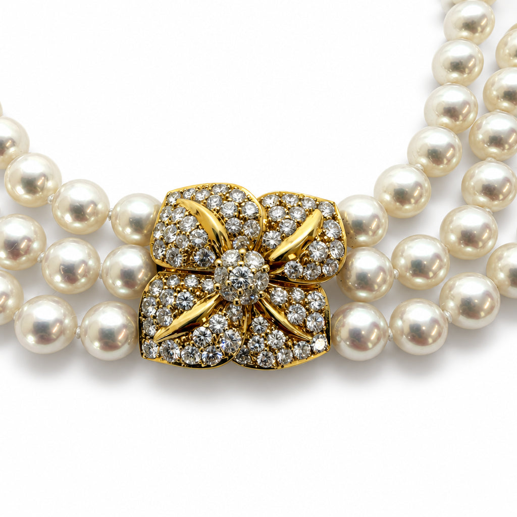 Ogden Of Harrogate Vintage Jewellery An 18ct 3 Row Pearl Necklace with Diamond Set Clasp