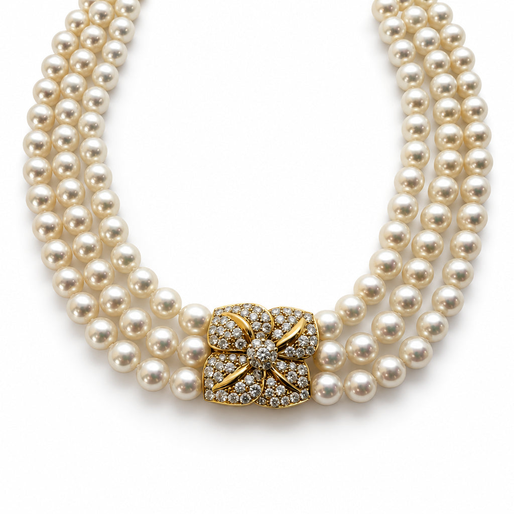 Ogden Of Harrogate Vintage Jewellery An 18ct 3 Row Pearl Necklace with Diamond Set Clasp