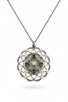 Ogden Of Harrogate Vintage Jewellery Antique Platinum Demantoid Garnet, Pearl and Diamond Pendant With Platinum Chain