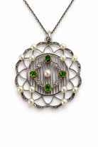 Ogden Of Harrogate Vintage Jewellery Antique Platinum Demantoid Garnet, Pearl and Diamond Pendant With Platinum Chain