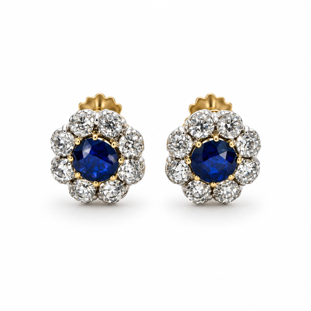 Ogden Of Harrogate Vintage Jewellery Diamond and Sapphire Cluster Earrings, 18CT Yellow and Silver