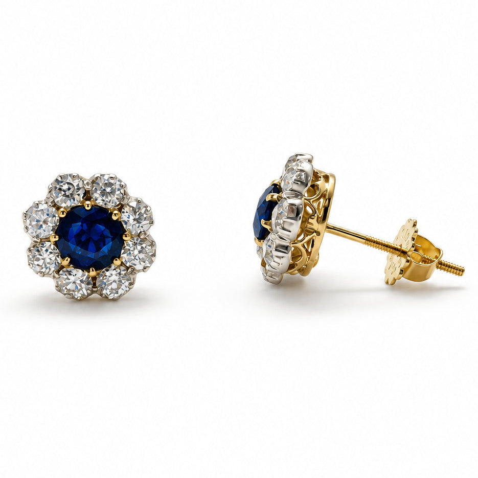 Ogden Of Harrogate Vintage Jewellery Diamond and Sapphire Cluster Earrings, 18CT Yellow and Silver