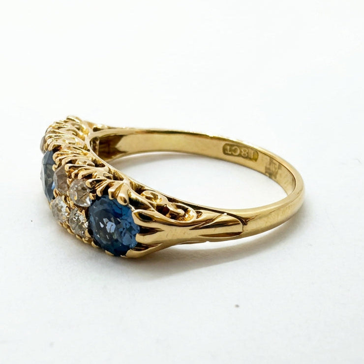 Ogden Of Harrogate Vintage Jewellery Sapphire and Diamond 5 Stone Ring in 18ct Yellow Gold. Circa 1930