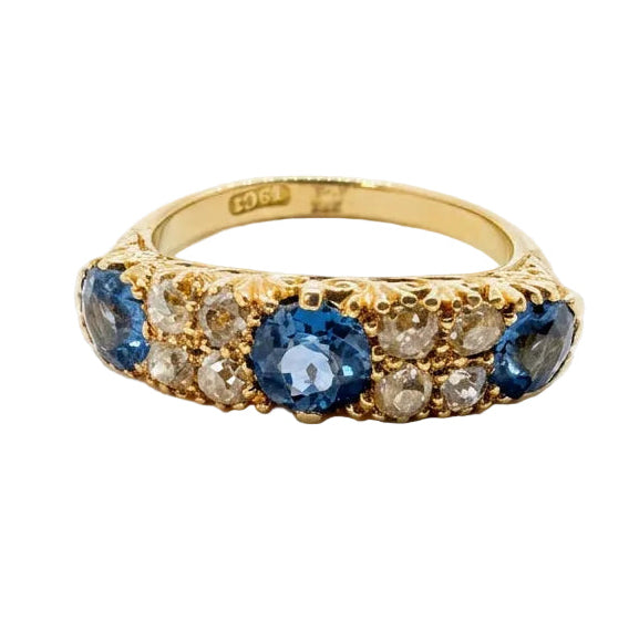 Ogden Of Harrogate Vintage Jewellery Sapphire and Diamond 5 Stone Ring in 18ct Yellow Gold. Circa 1930