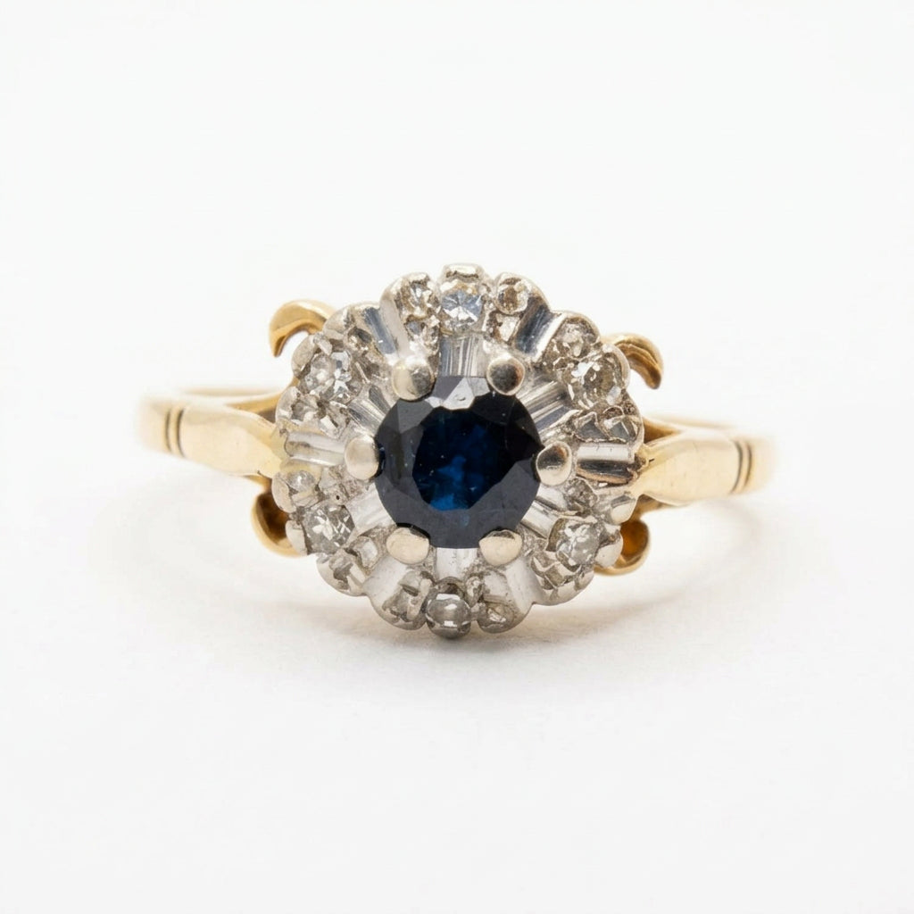 Ogden Of Harrogate Vintage Jewellery Sapphire and Diamond Small Cluster Ring, Circa 1964 in 18ct Yellow Gold