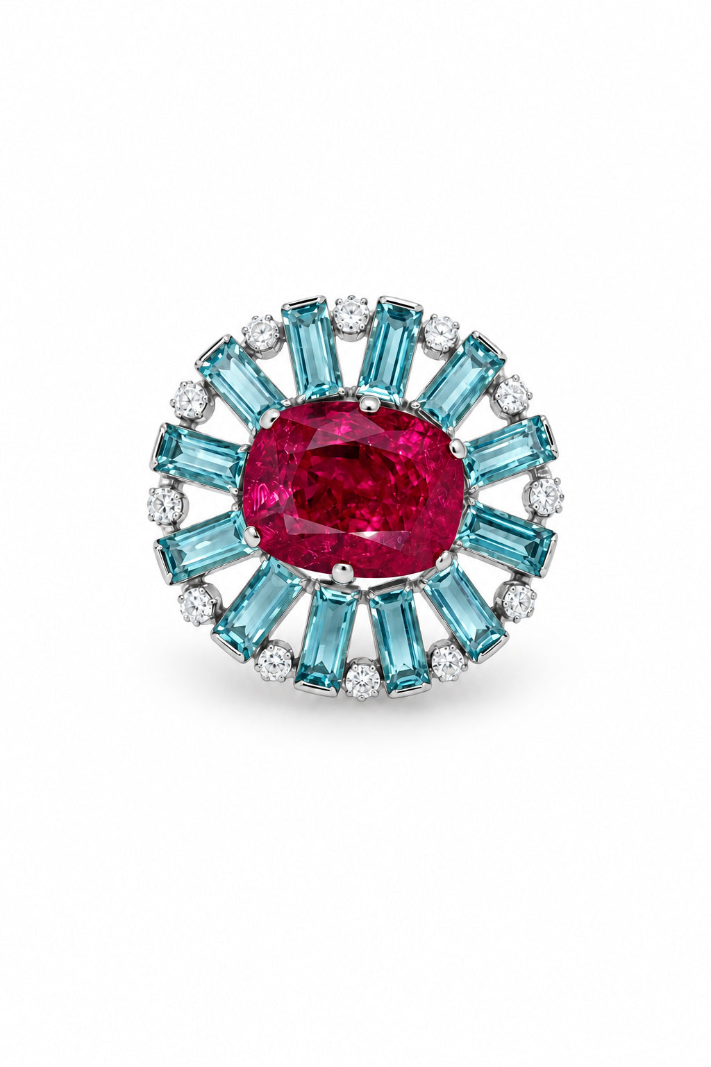 Ogden Of Harrogate Vintage Jewellery Vintage Yellow Gold Synthetic Ruby and Aquamarine and Diamond Brooch, 1950'S