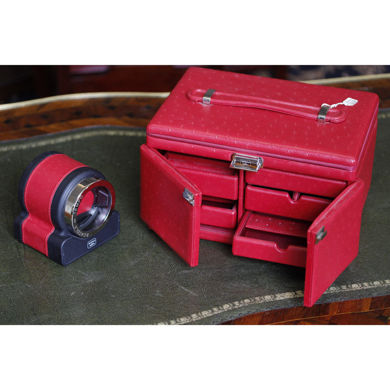 Scatola Del Tempo Luxury Red 'Ostrich' Leather Jewelley Box & Timepiece Winder 85053.06 - Ogden Of Harrogate - 1