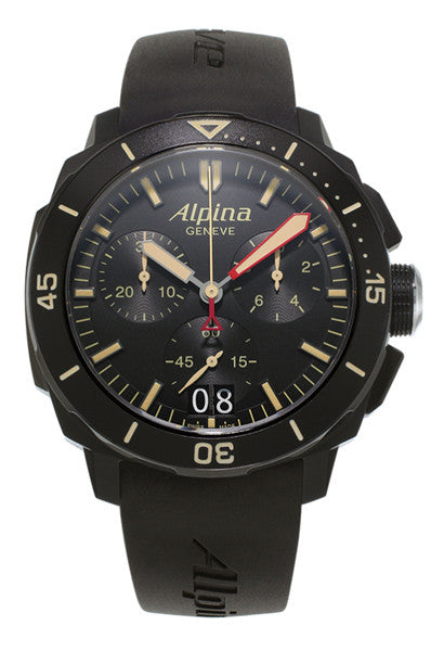 ALPINA Seastrong Diver 300M 44mm Big Date Quartz Chrono Black Case Watch AL-372LBBG4FBV6 - Ogden Of Harrogate - 1