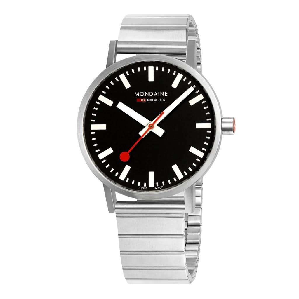 Mondaine Luxury Watches Black Mondaine Classic Stainless Steel Brushed Case Black Dial Metal Bracelet