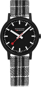 Mondaine Luxury Watches Black Mondaine Essence Mixed Materials Watch with Black Scottish Patterned Strap