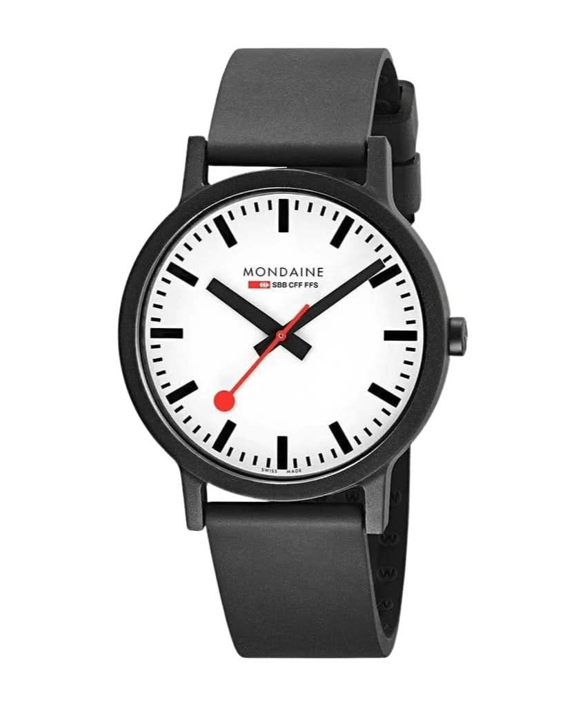 Mondaine Luxury Watches Black Mondaine Essence Vegan Sustainable Watch with Black Bio-Based PU Strap