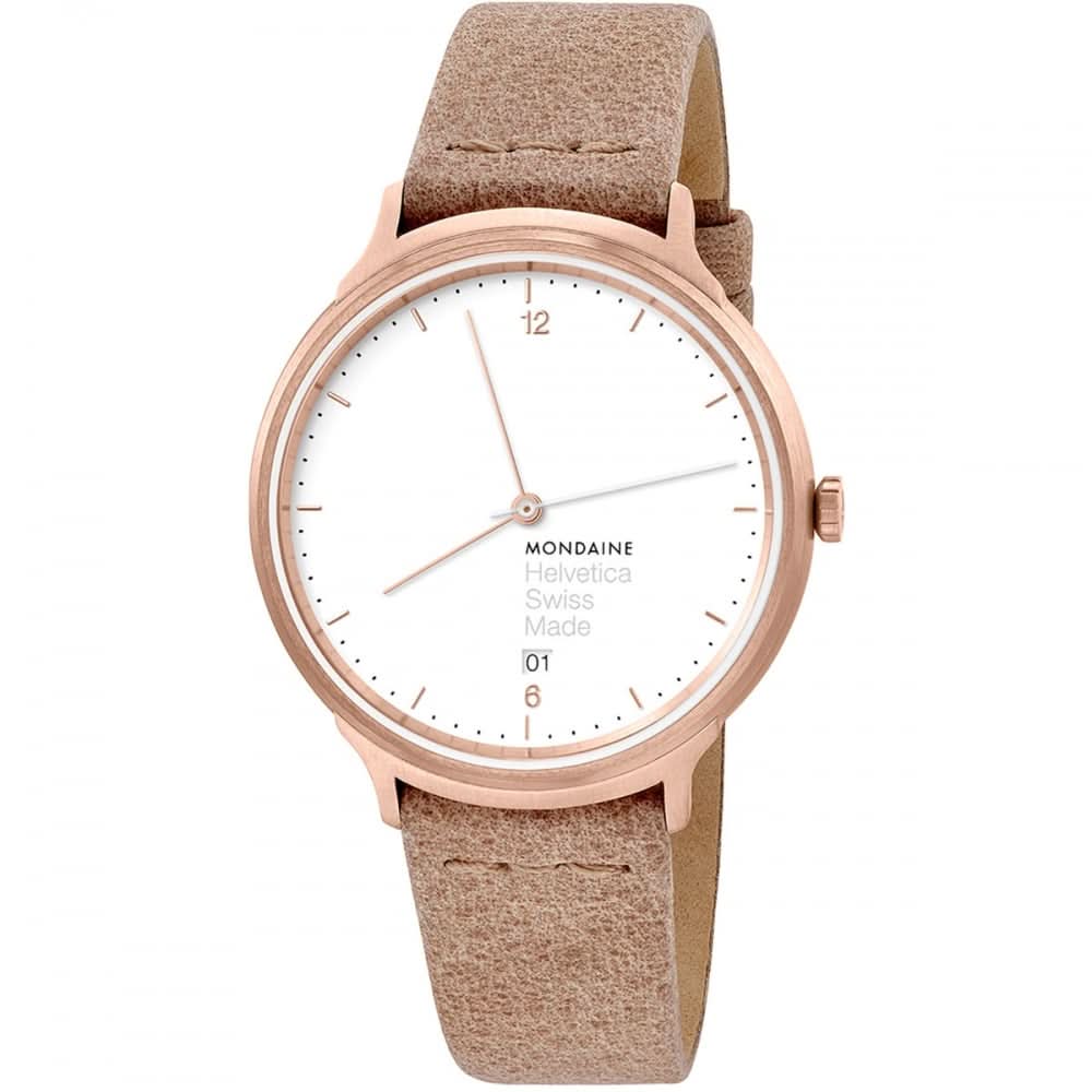 Mondaine Luxury Watches Mondaine Helvetica No1 Rose Gold Stainless Steel Watch with Taupe Leather Strap